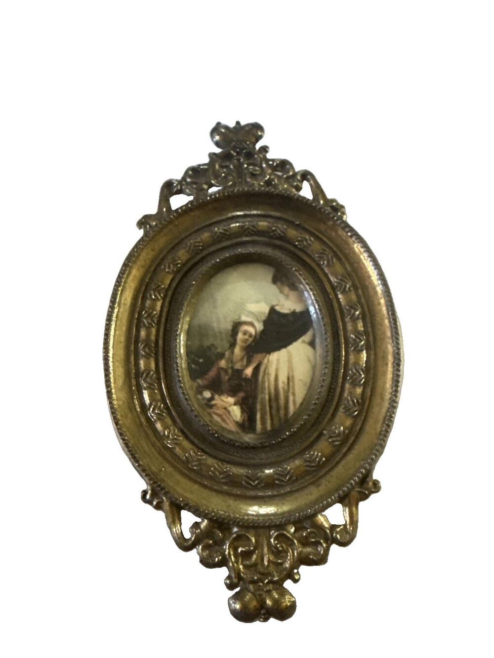Vintage Italian Miniature Portrait in Ornate Brass Frame 4.5” x 3”